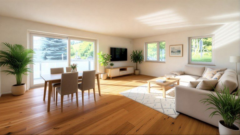 Wohnen, Essen - visualisiert mit KI Kaufbeuren Etagenwohnung KF: 4-Zimmer Neubau Erstbezug - barrierefrei - Modernes Wohnen in ruhiger Stadtlage zum Hammerpreis!